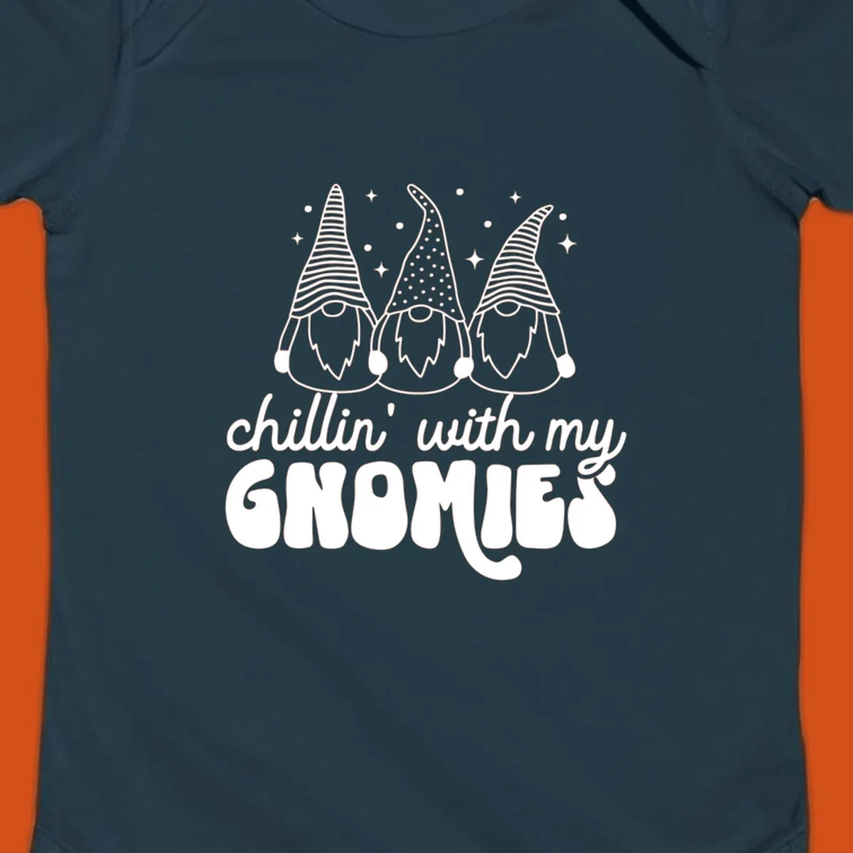 Chillin with my gnomies illustration featuring three gnomes and text. holiday gnome phrase.