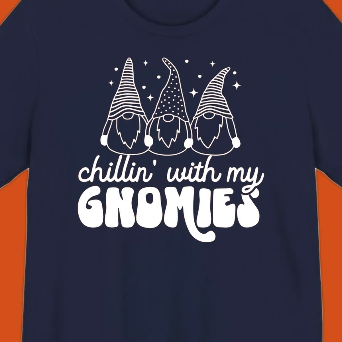 Chillin with my gnomies illustration featuring three gnomes and text. holiday gnome phrase.