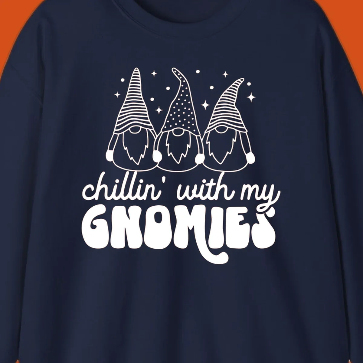 Chillin with my gnomies illustration featuring three gnomes and text. holiday gnome phrase.