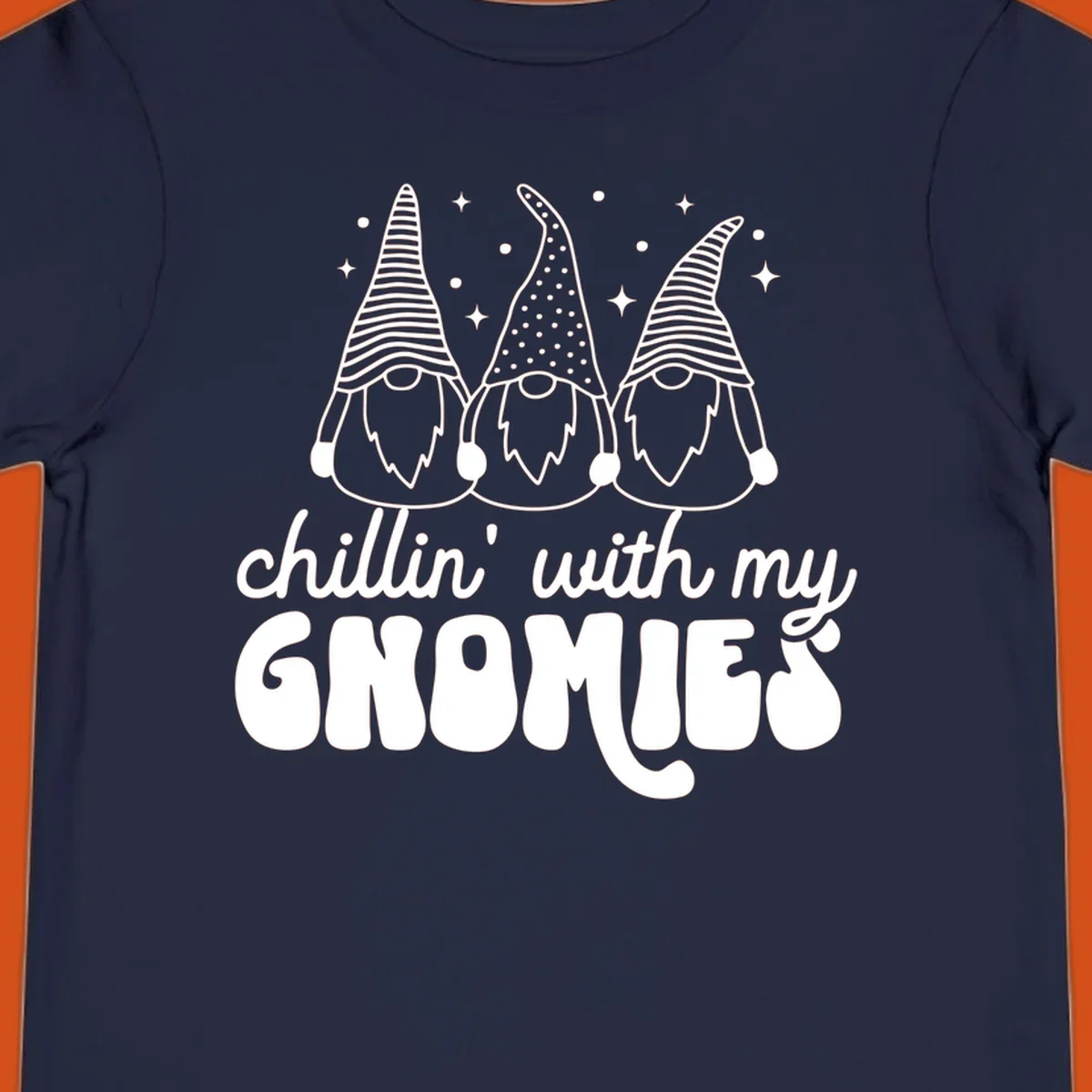 Chillin with my gnomies illustration featuring three gnomes and text. holiday gnome phrase.