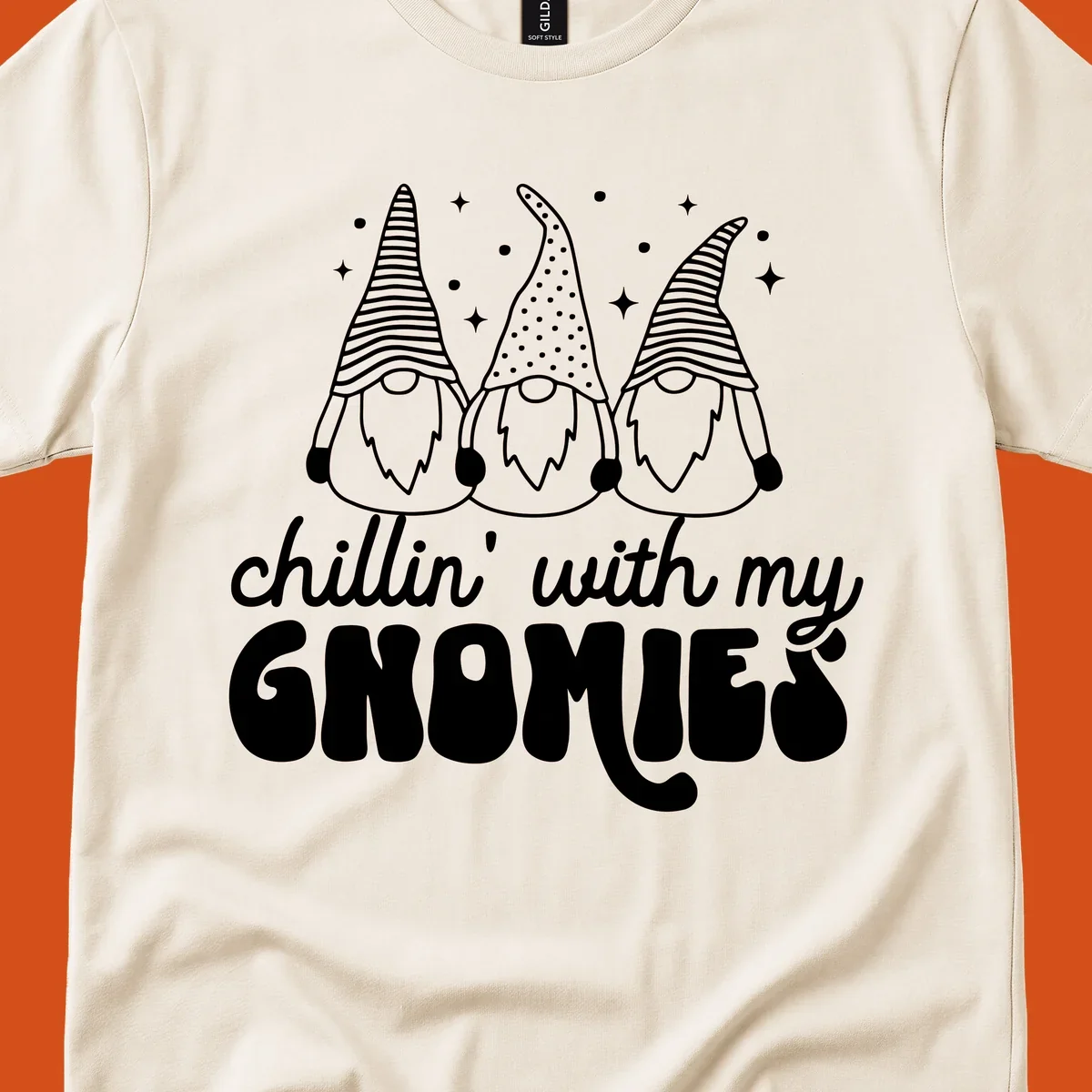 Chillin with my gnomies illustration featuring three gnomes and text. holiday gnome phrase.