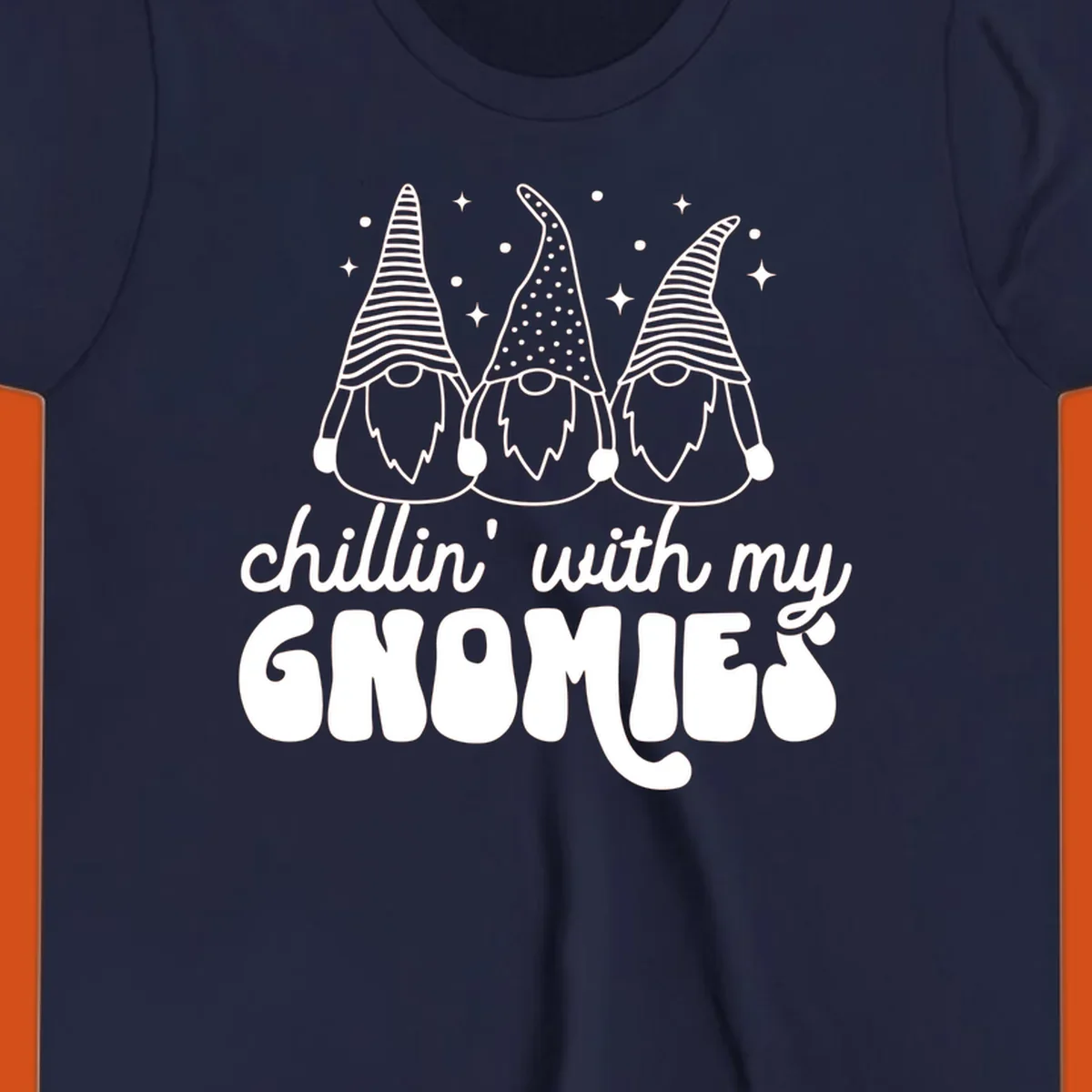 Chillin with my gnomies illustration featuring three gnomes and text. holiday gnome phrase.