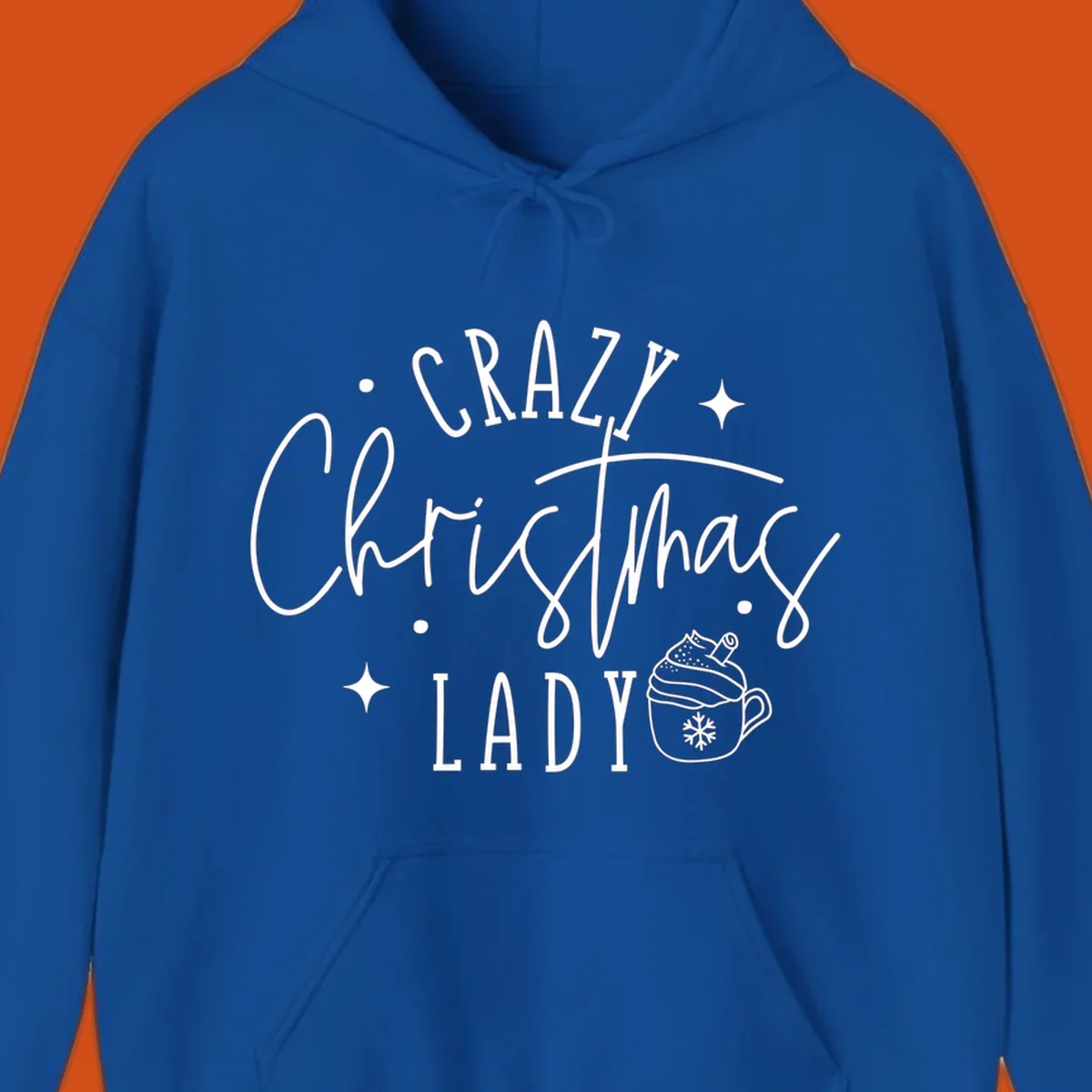 Crazy Christmas Lady text with a festive mug and stars design.