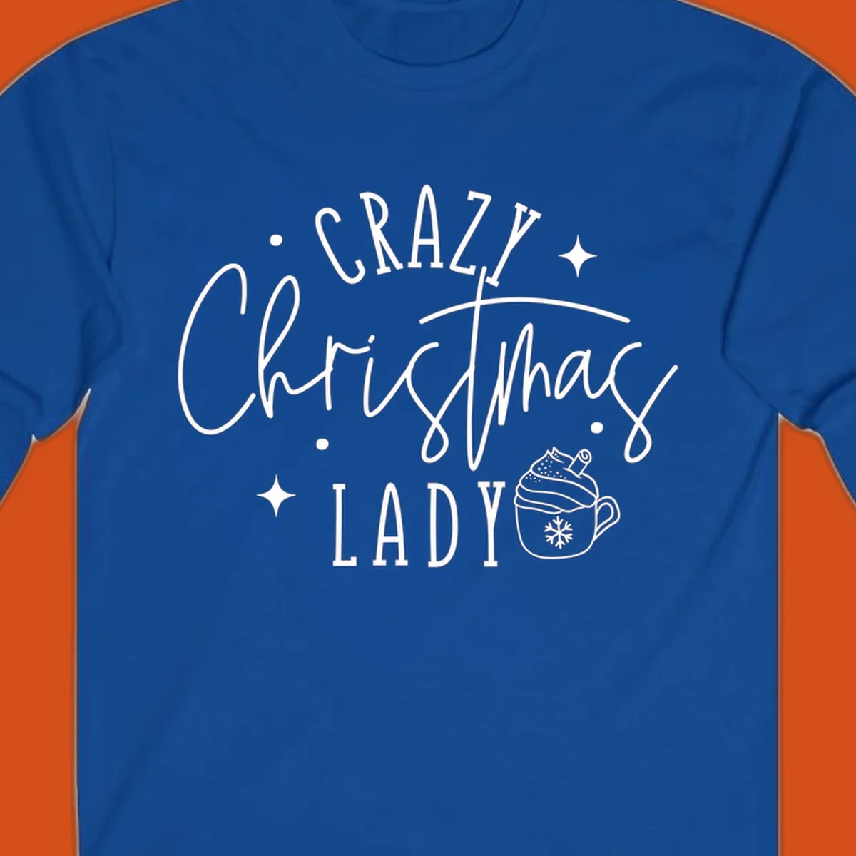 Crazy Christmas Lady text with a festive mug and stars design.