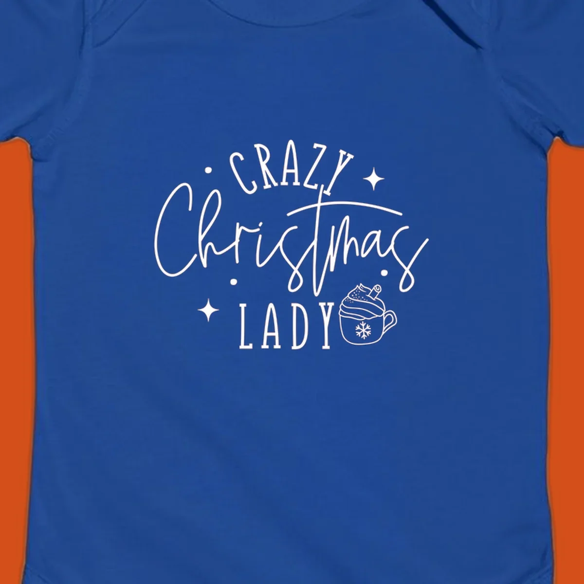 Crazy Christmas Lady text with a festive mug and stars design.