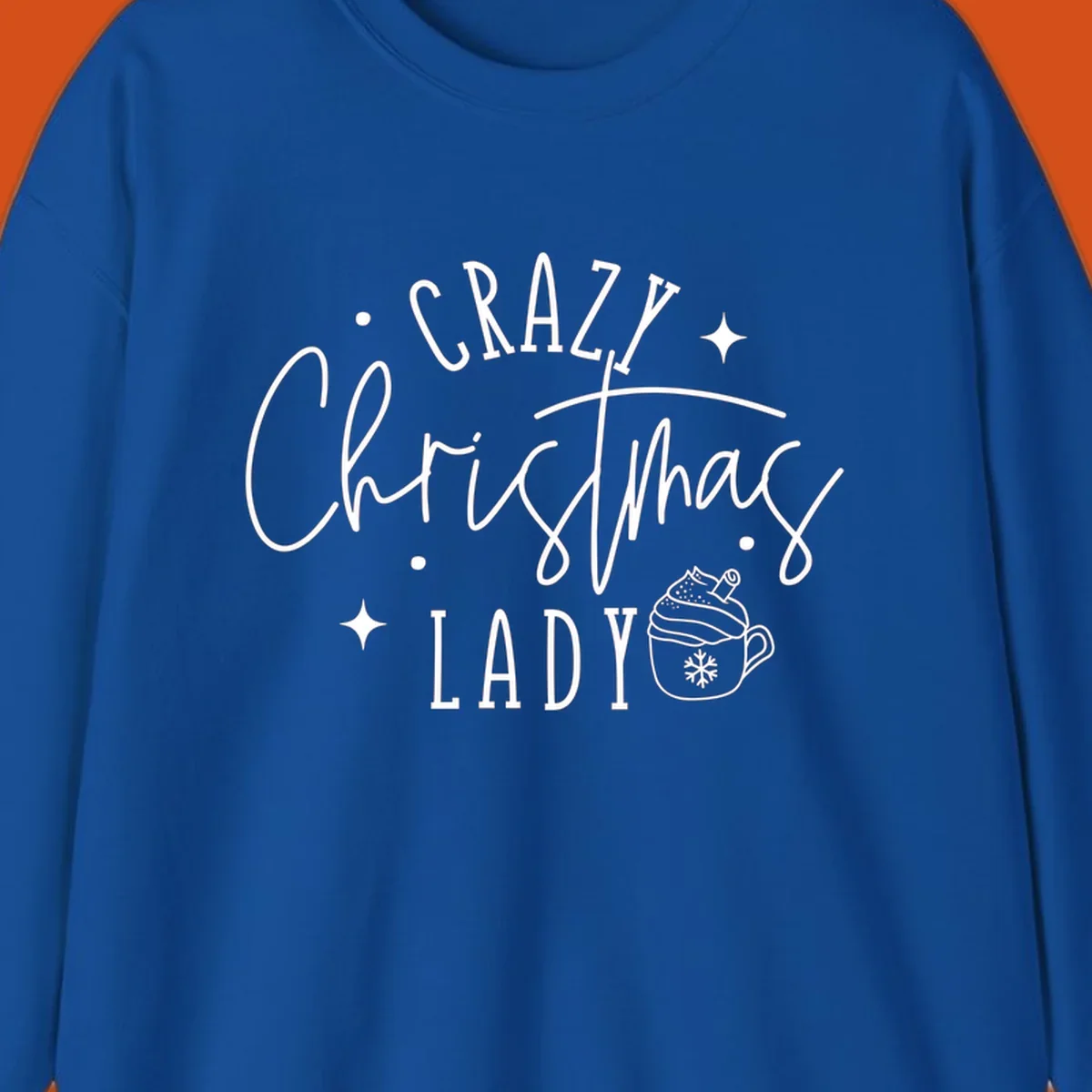 Crazy Christmas Lady text with a festive mug and stars design.