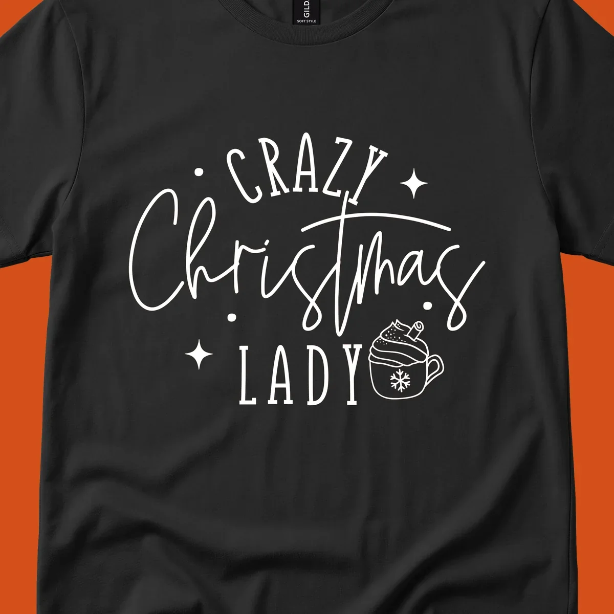 Crazy Christmas Lady text with a festive mug and stars design.
