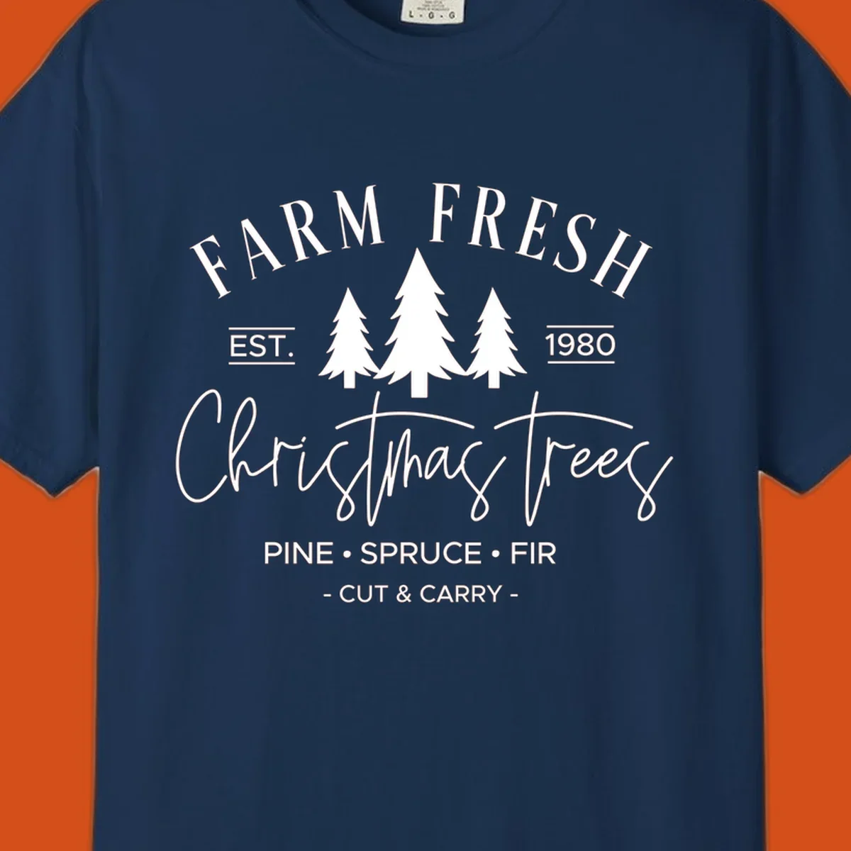 Farm fresh Christmas trees est 1980 design with pine, spruce, and fir listed.