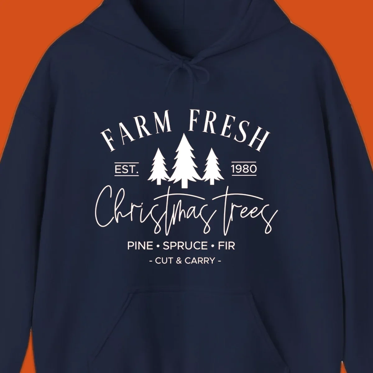 Farm fresh Christmas trees est 1980 design with pine, spruce, and fir listed.