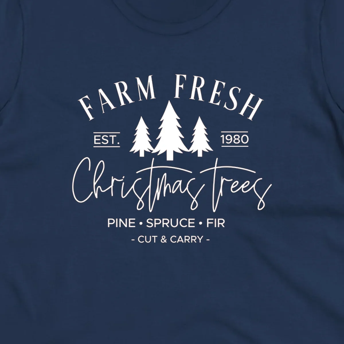 Farm fresh Christmas trees est 1980 design with pine, spruce, and fir listed.