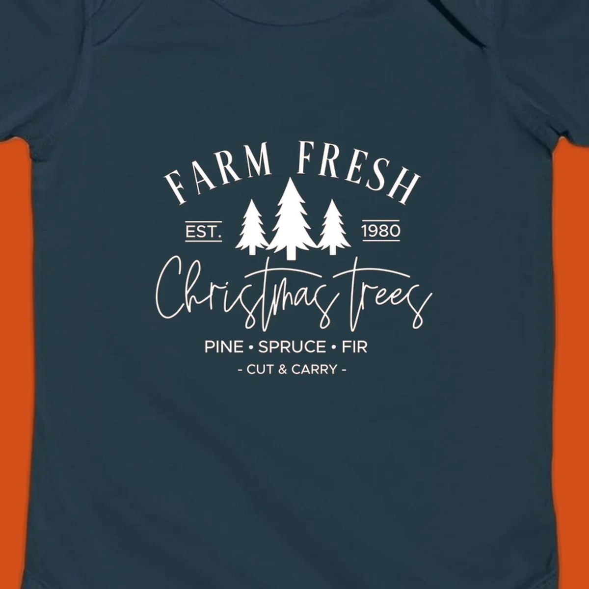 Farm fresh Christmas trees est 1980 design with pine, spruce, and fir listed.
