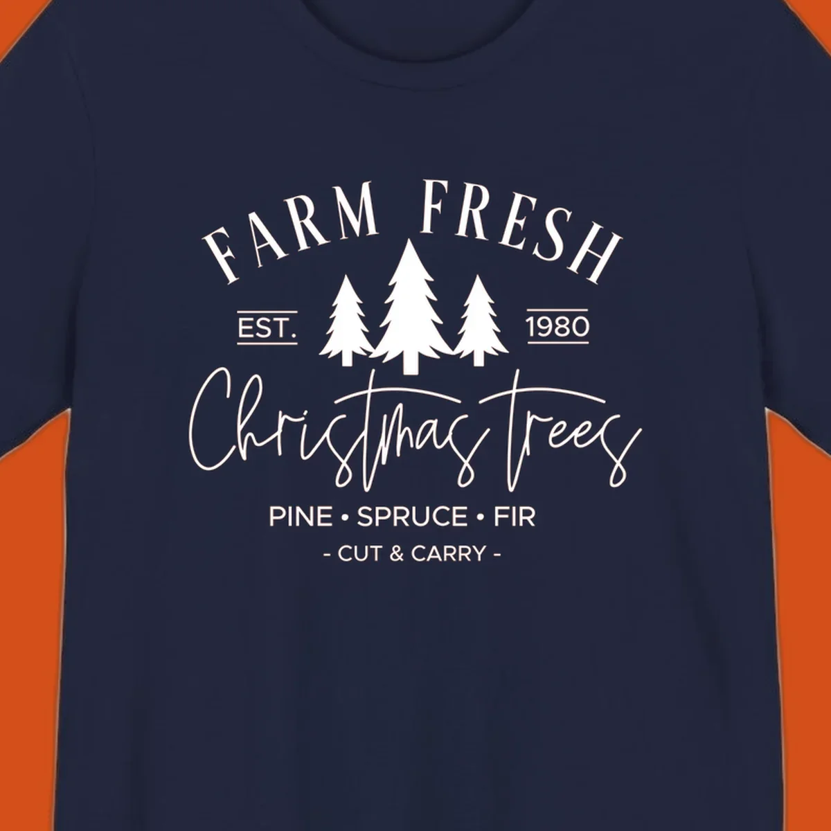 Farm fresh Christmas trees est 1980 design with pine, spruce, and fir listed.
