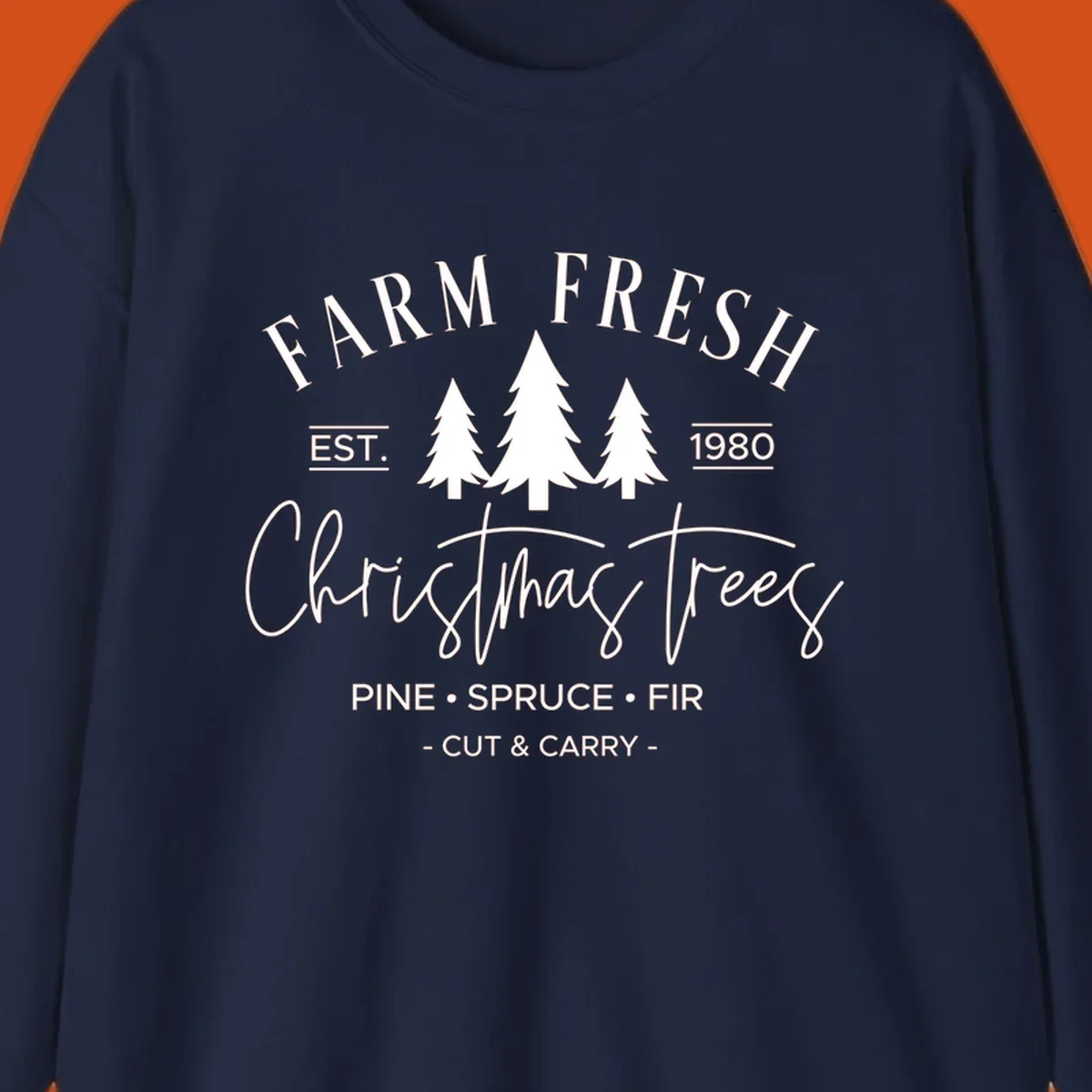 Farm fresh Christmas trees est 1980 design with pine, spruce, and fir listed.