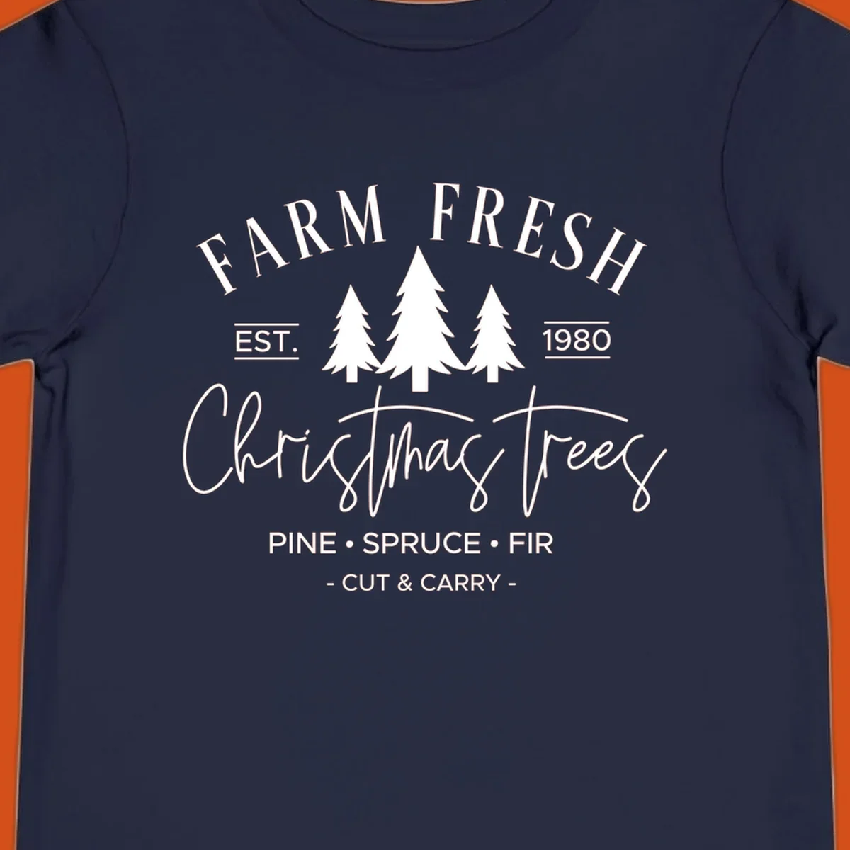 Farm fresh Christmas trees est 1980 design with pine, spruce, and fir listed.