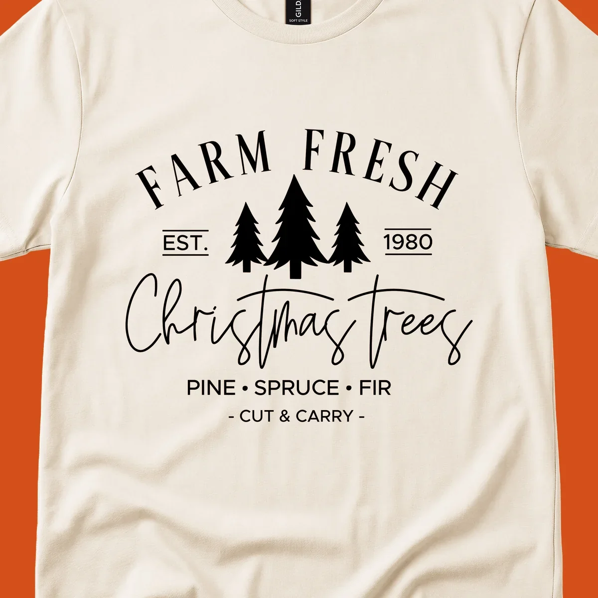 Farm fresh Christmas trees est 1980 design with pine, spruce, and fir listed.
