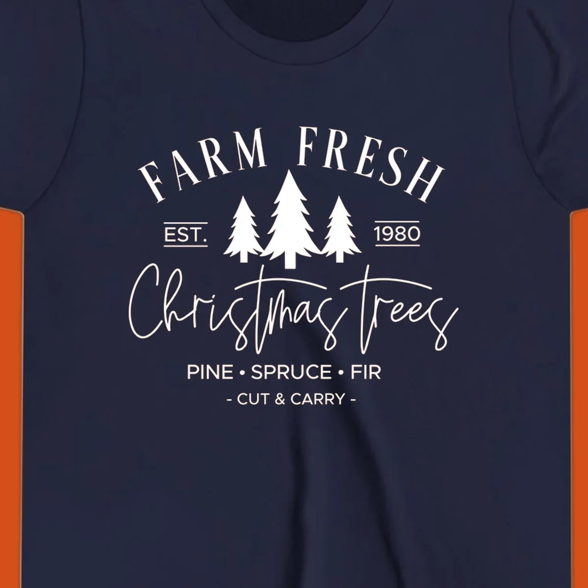 Farm fresh Christmas trees est 1980 design with pine, spruce, and fir listed.