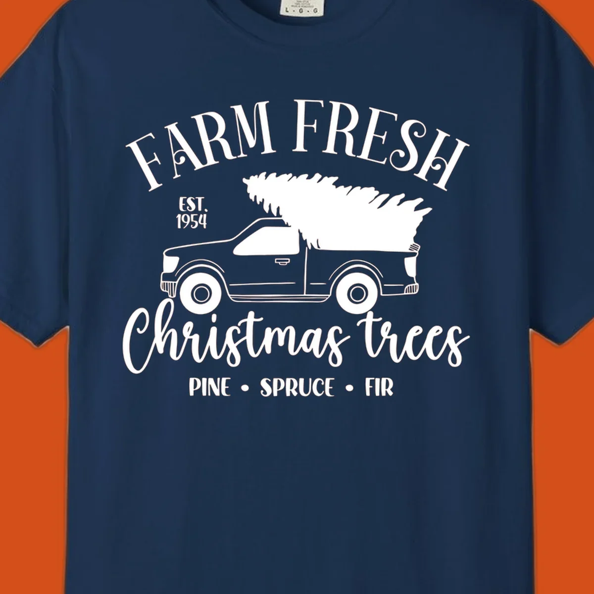 Farm fresh Christmas trees pickup truck with text and holiday elements.