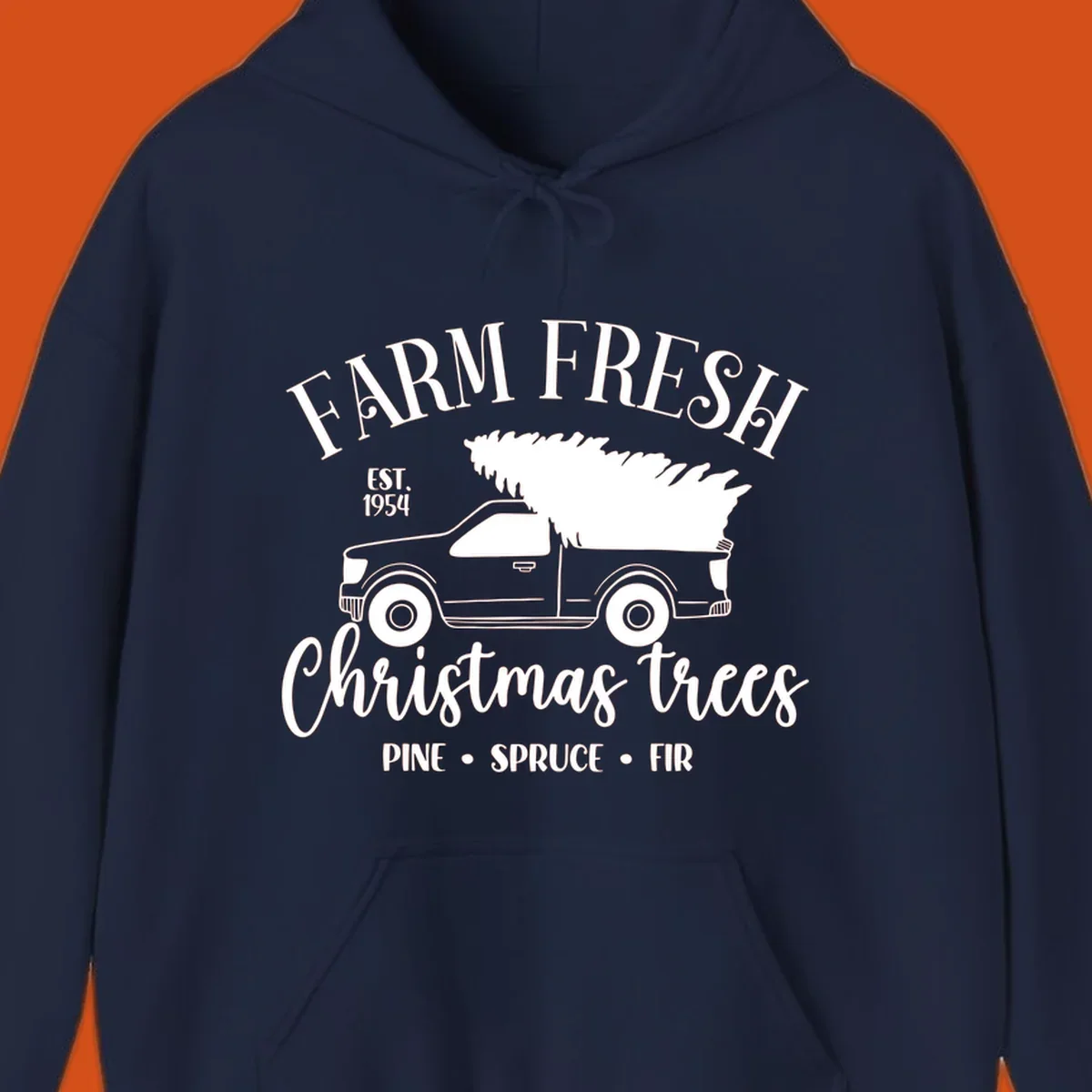 Farm fresh Christmas trees pickup truck with text and holiday elements.