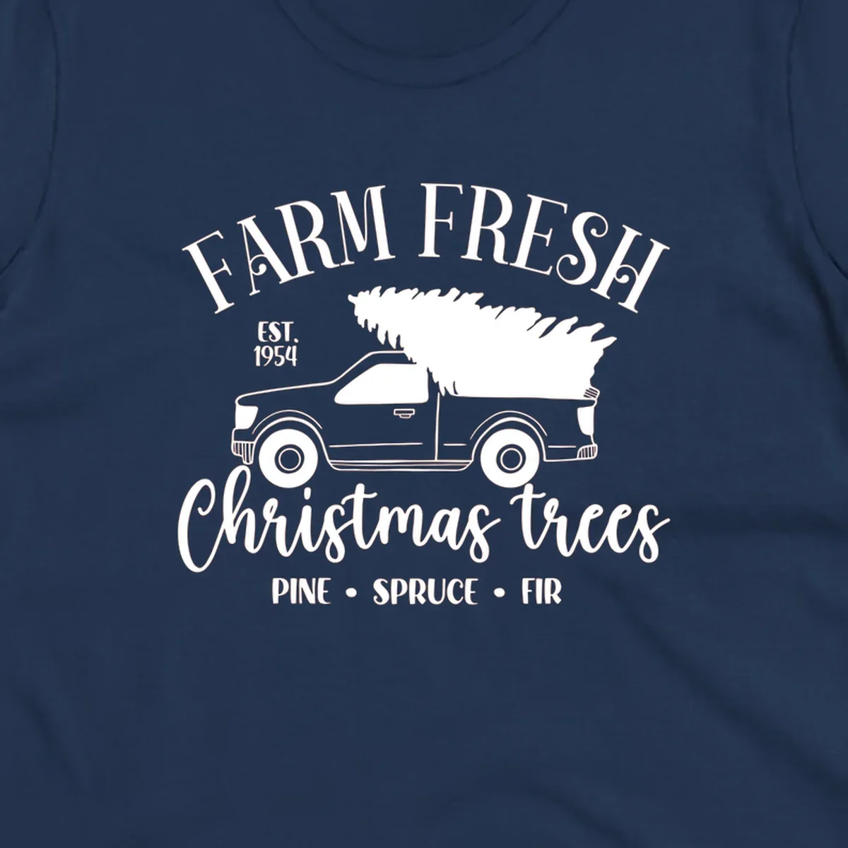Farm fresh Christmas trees pickup truck with text and holiday elements.