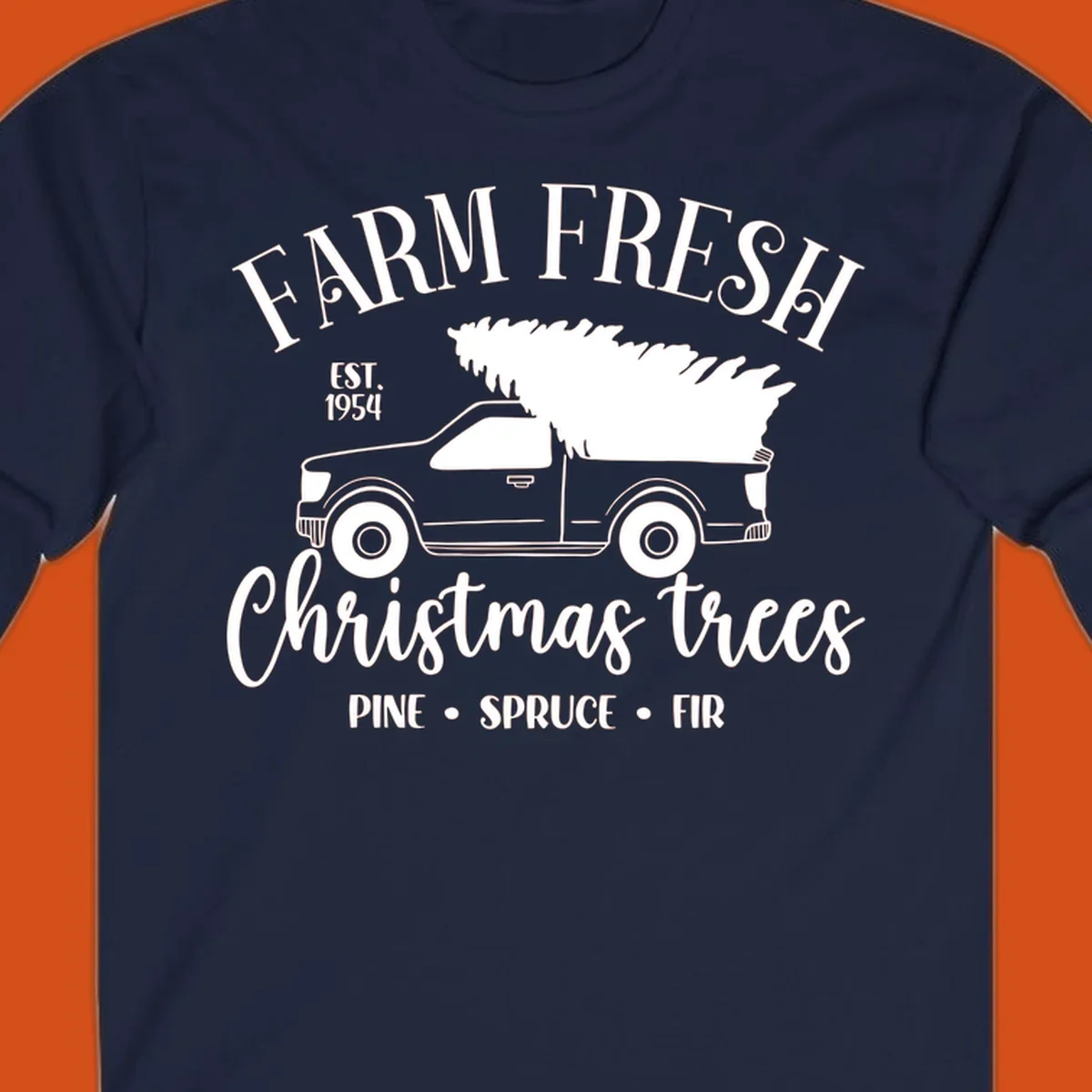 Farm fresh Christmas trees pickup truck with text and holiday elements.