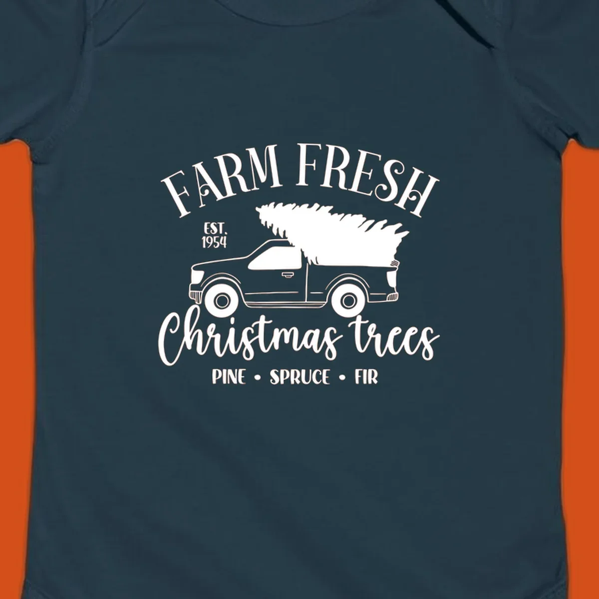 Farm fresh Christmas trees pickup truck with text and holiday elements.