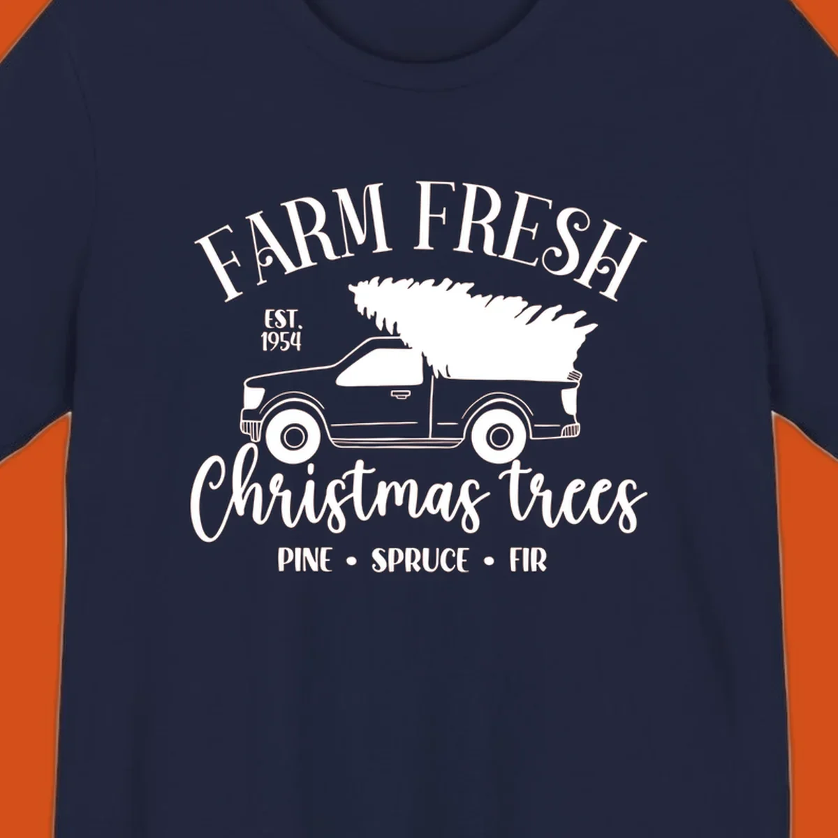 Farm fresh Christmas trees pickup truck with text and holiday elements.