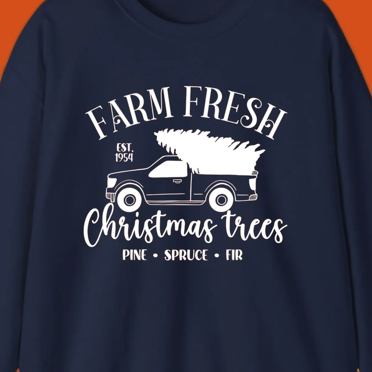 Farm fresh Christmas trees pickup truck with text and holiday elements.