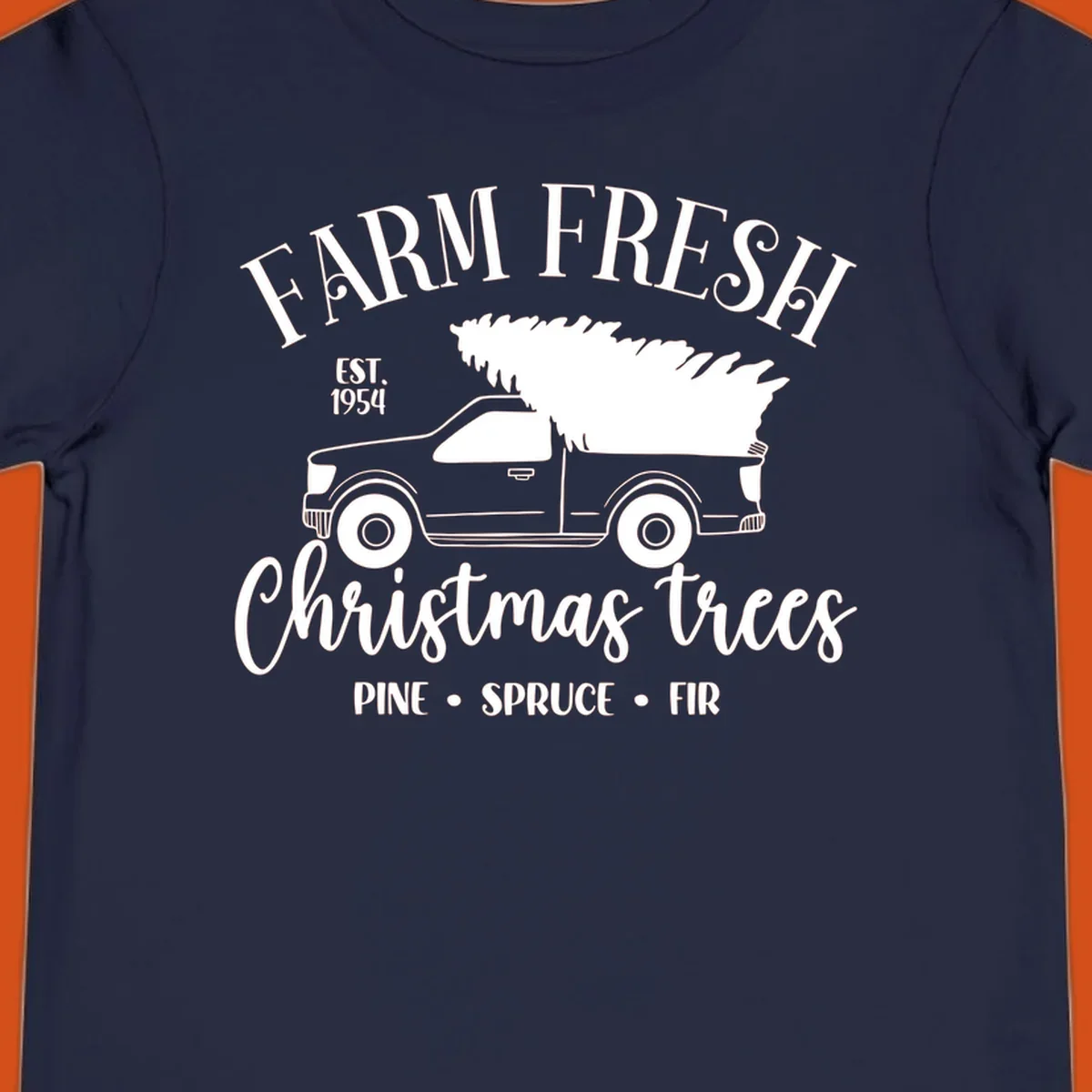 Farm fresh Christmas trees pickup truck with text and holiday elements.