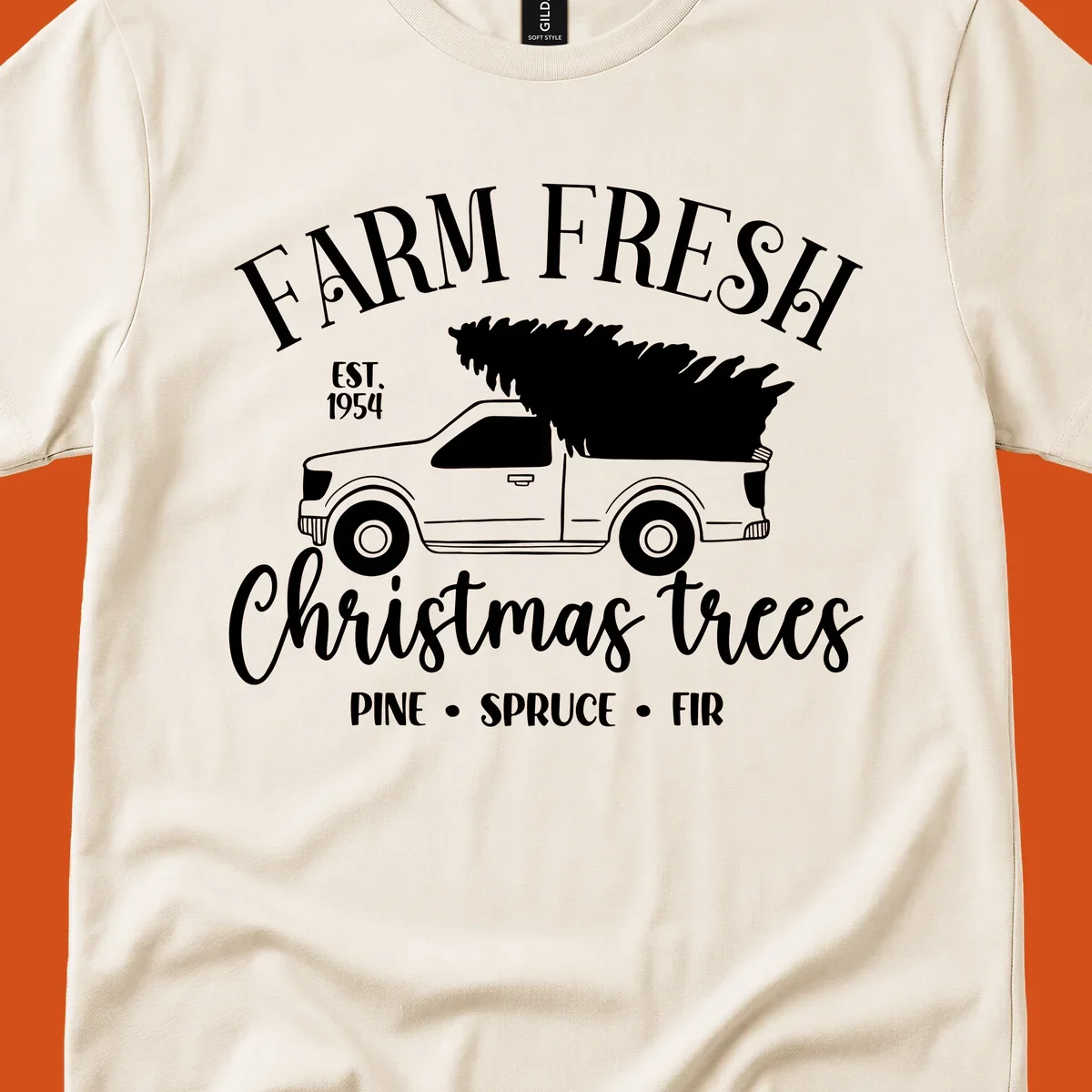 Farm fresh Christmas trees pickup truck with text and holiday elements.
