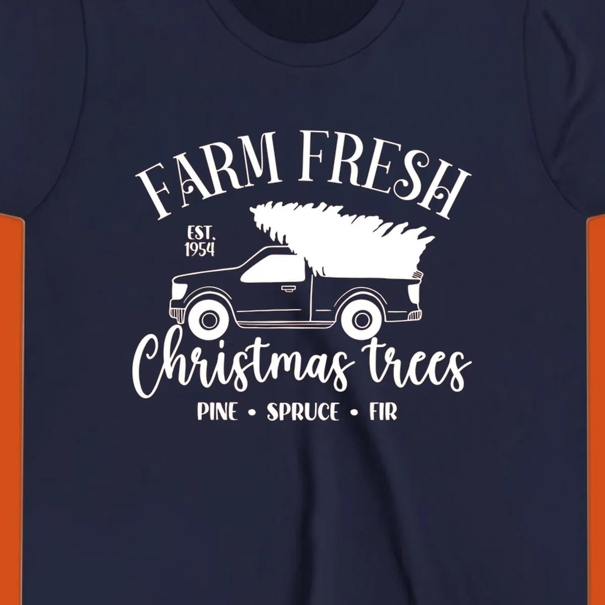 Farm fresh Christmas trees pickup truck with text and holiday elements.