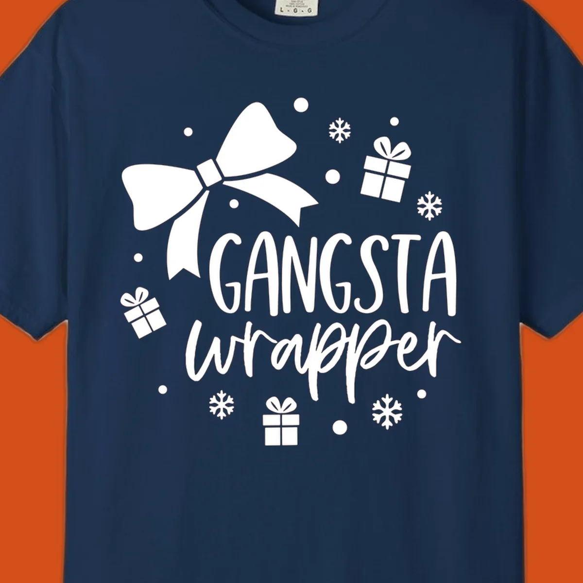 Gangsta wrapper holiday design with text, bow, gifts, and snowflakes.
