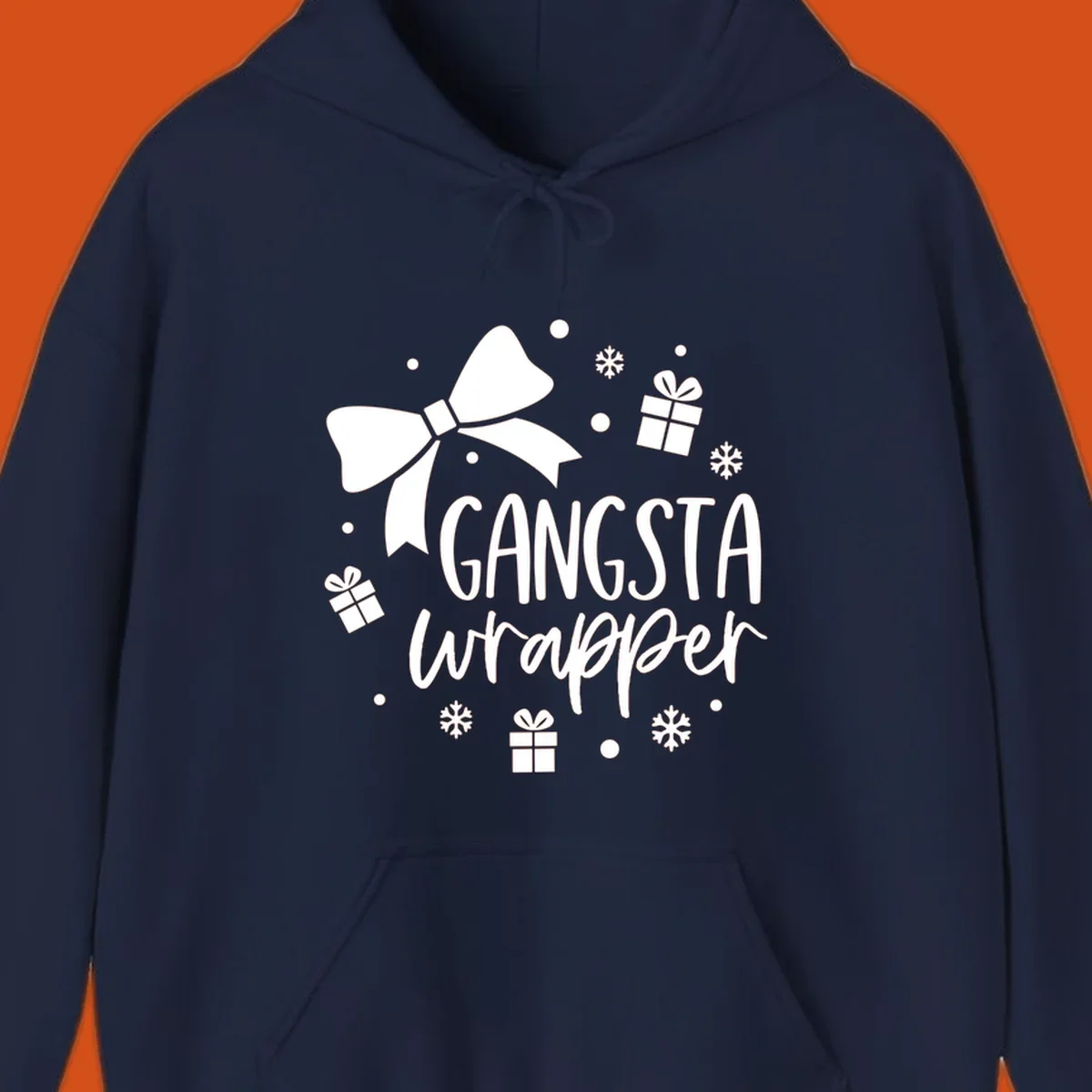 Gangsta wrapper holiday design with text, bow, gifts, and snowflakes.