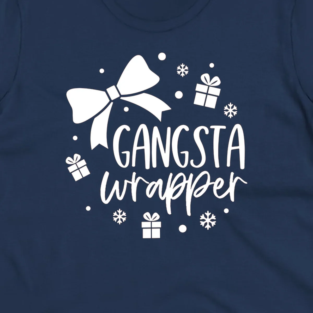 Gangsta wrapper holiday design with text, bow, gifts, and snowflakes.