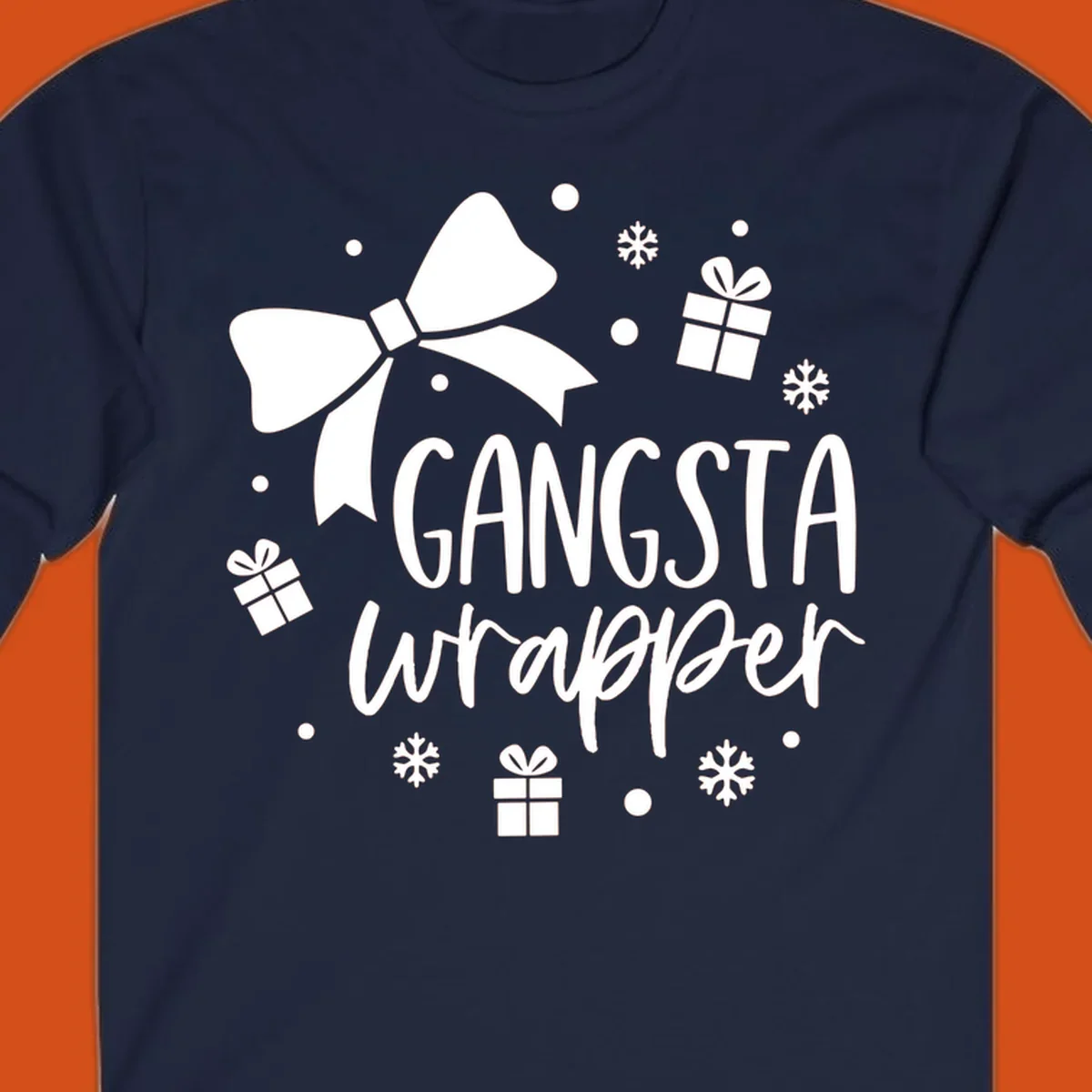 Gangsta wrapper holiday design with text, bow, gifts, and snowflakes.