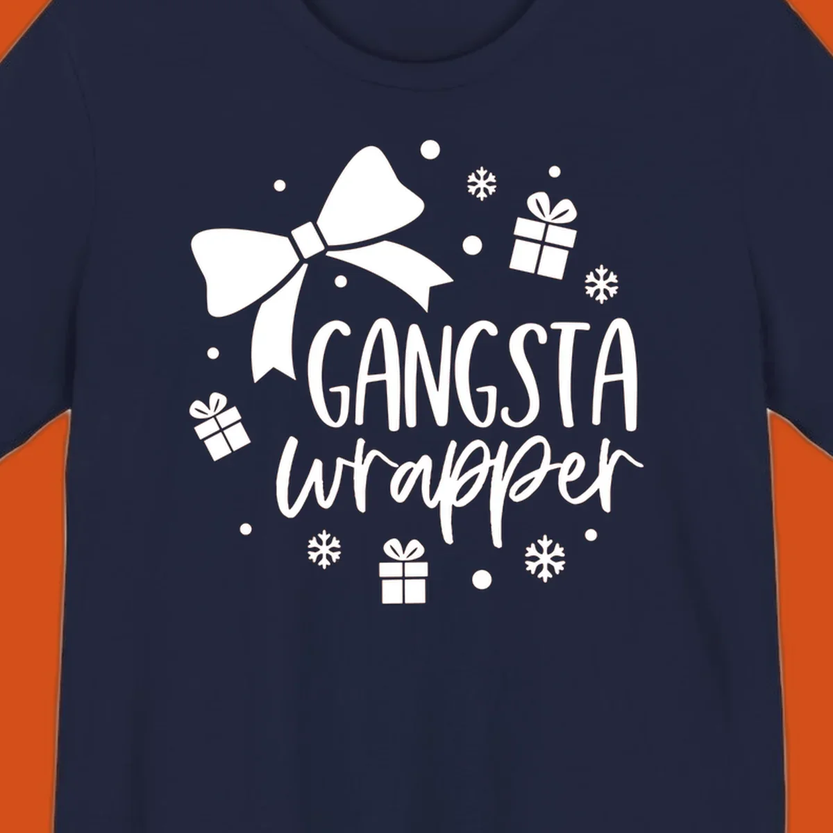 Gangsta wrapper holiday design with text, bow, gifts, and snowflakes.