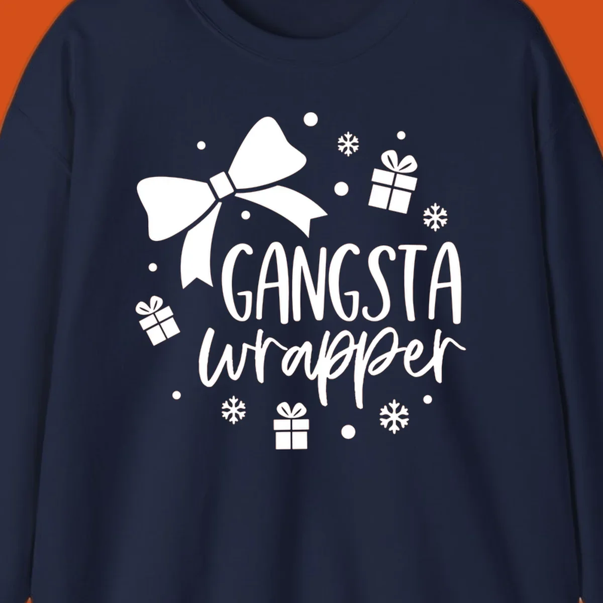 Gangsta wrapper holiday design with text, bow, gifts, and snowflakes.