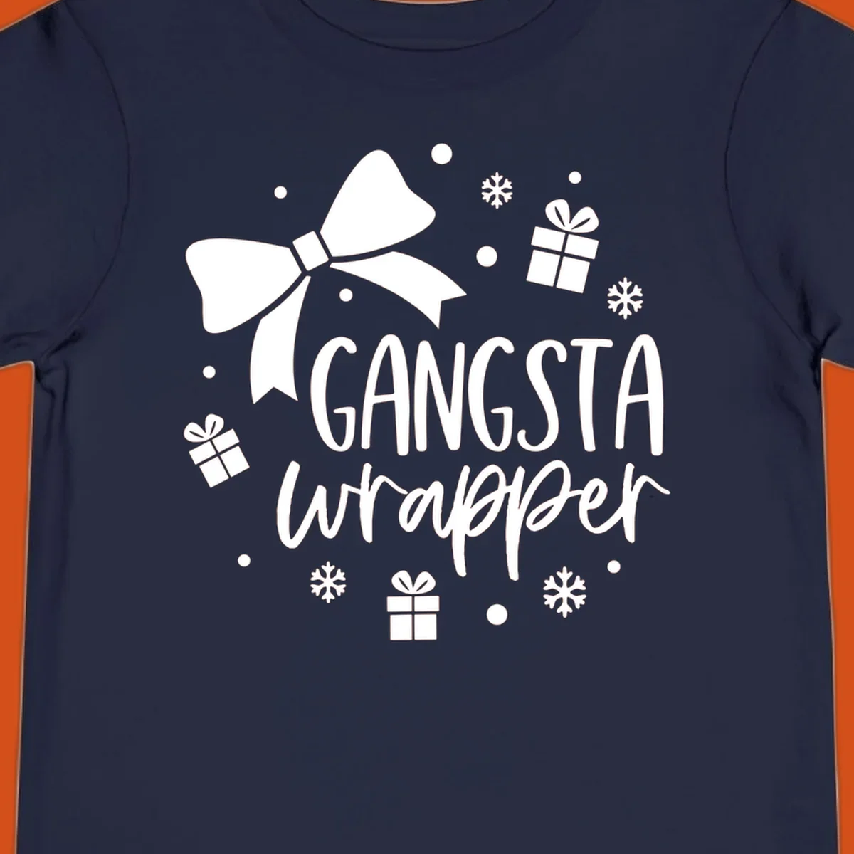 Gangsta wrapper holiday design with text, bow, gifts, and snowflakes.