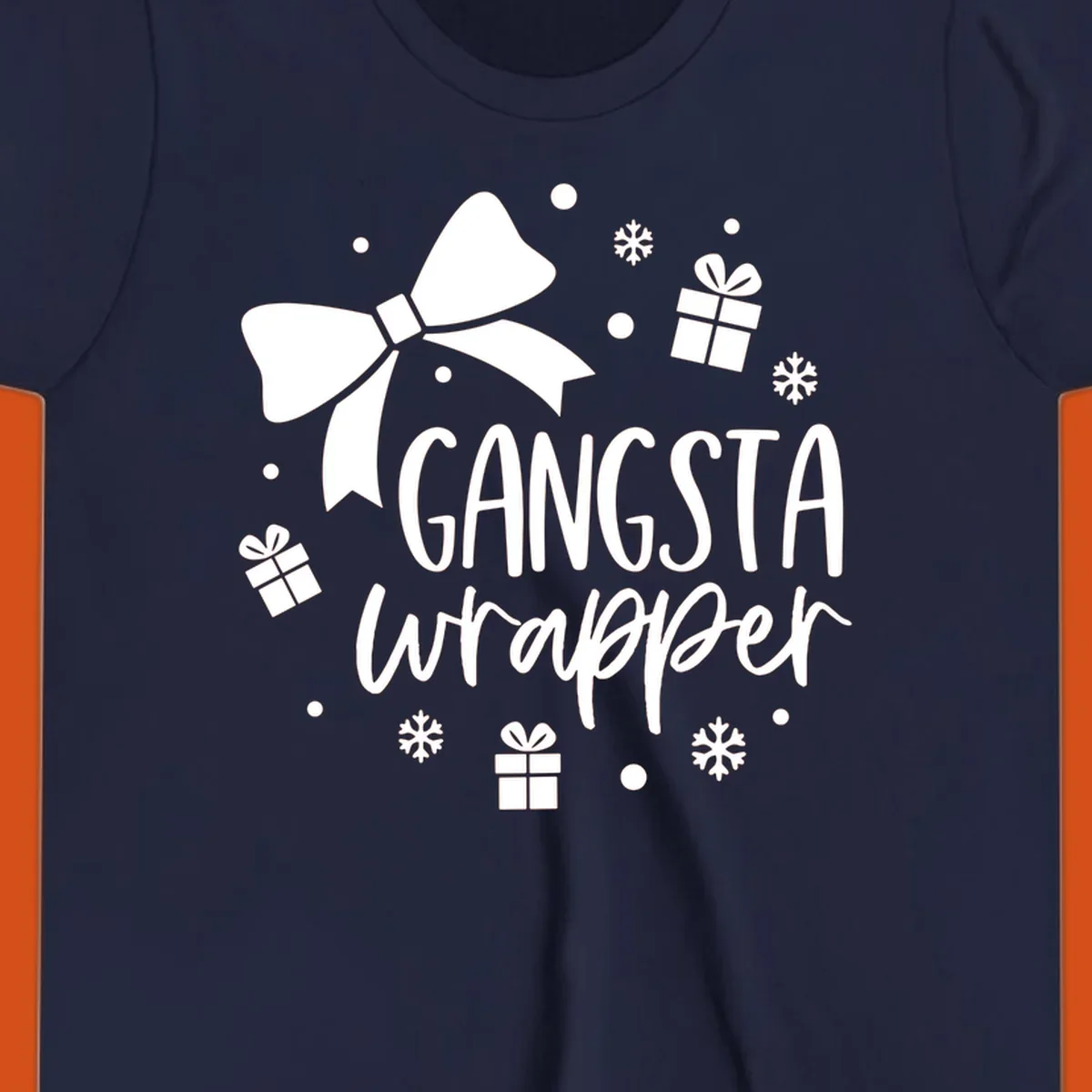 Gangsta wrapper holiday design with text, bow, gifts, and snowflakes.