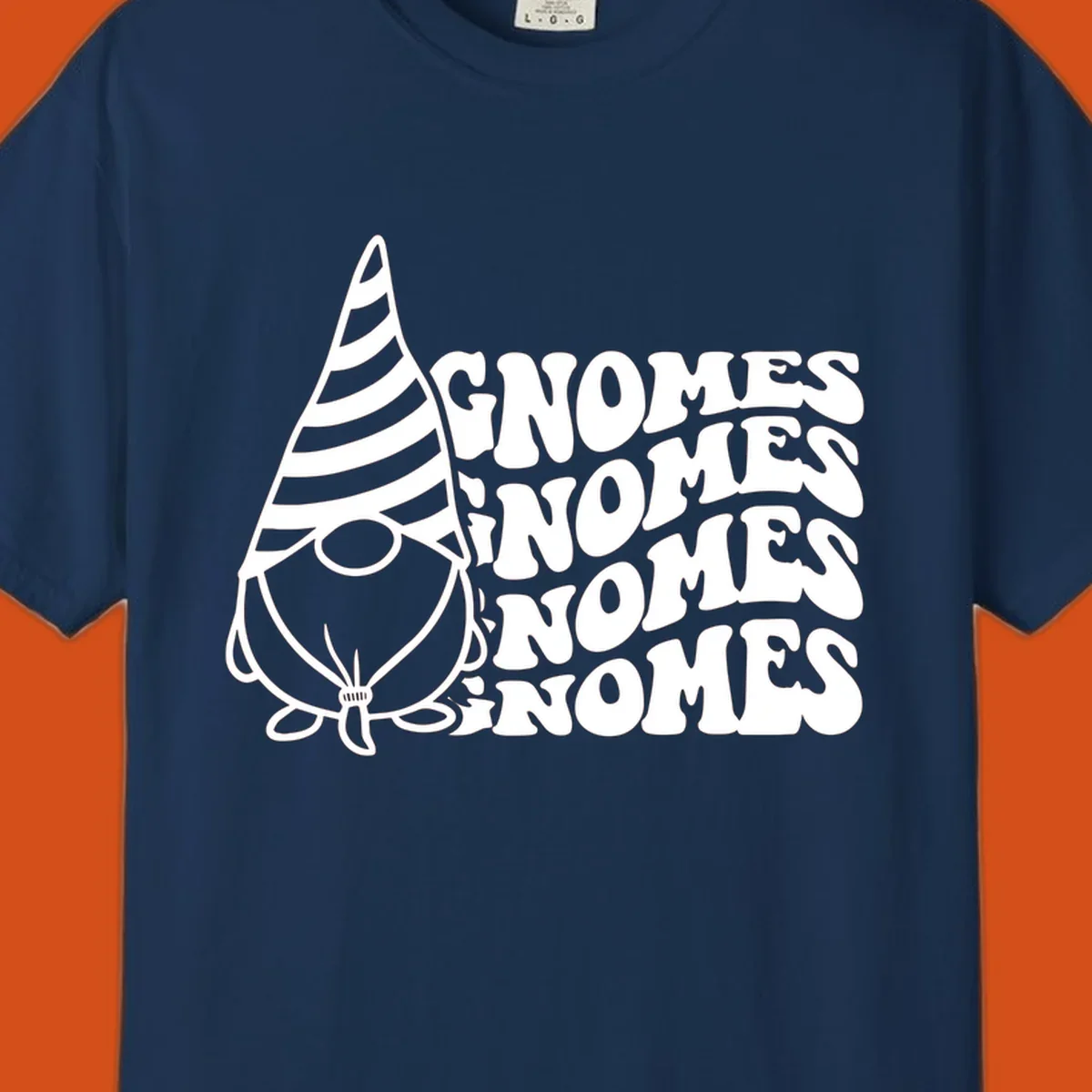 Gnome illustration with repeating wavy text that says GNOMES. Retro style graphic tee.
