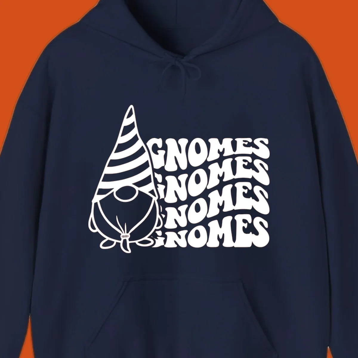 Gnome illustration with repeating wavy text that says GNOMES. Retro style graphic tee.
