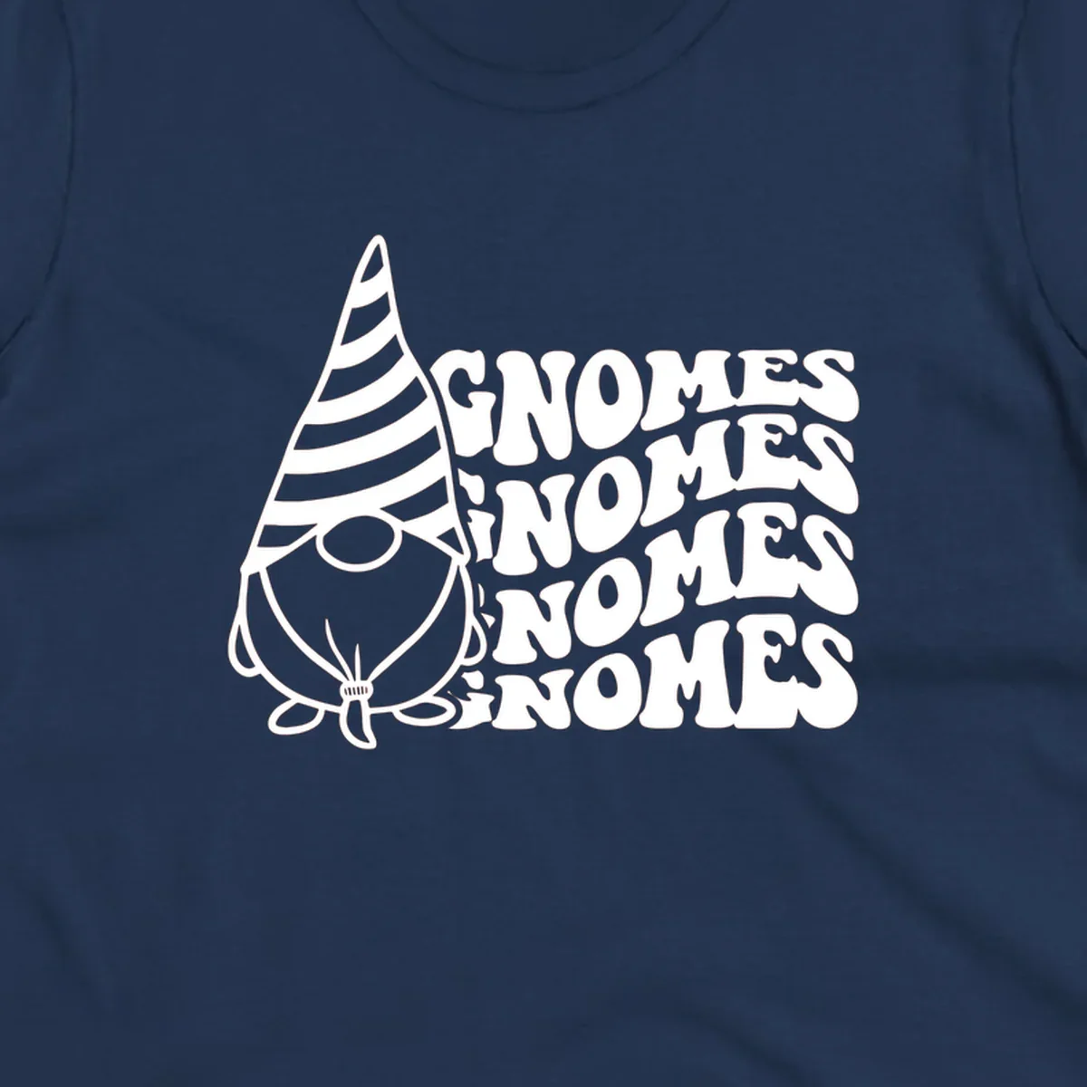 Gnome illustration with repeating wavy text that says GNOMES. Retro style graphic tee.