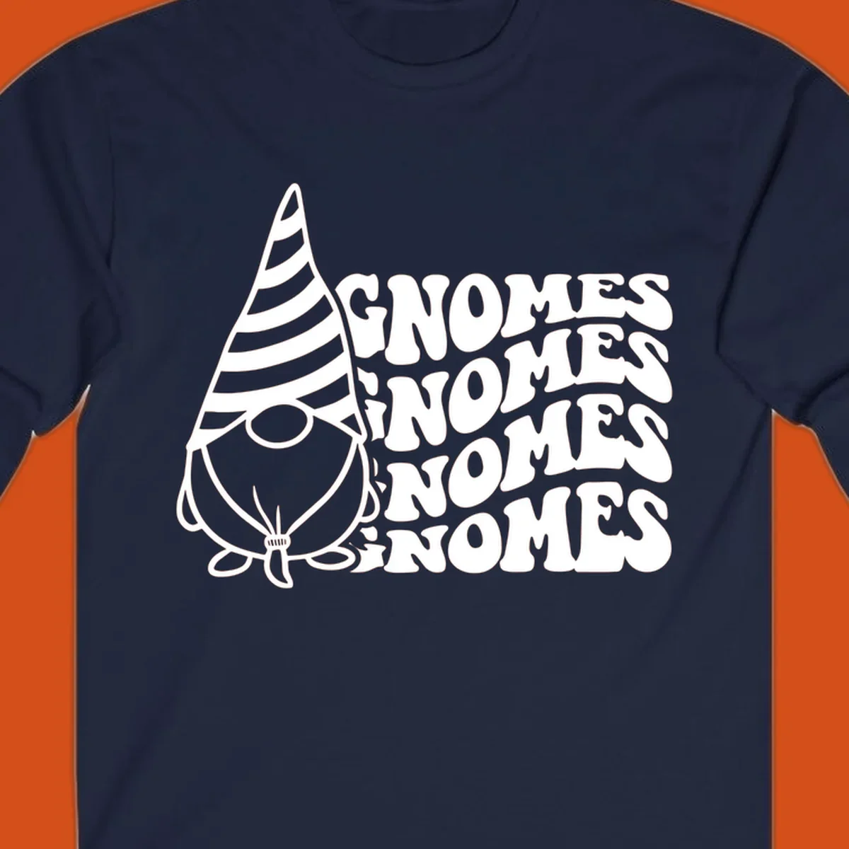 Gnome illustration with repeating wavy text that says GNOMES. Retro style graphic tee.
