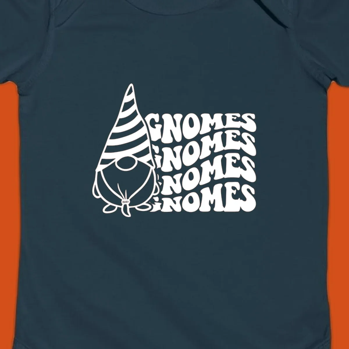 Gnome illustration with repeating wavy text that says GNOMES. Retro style graphic tee.