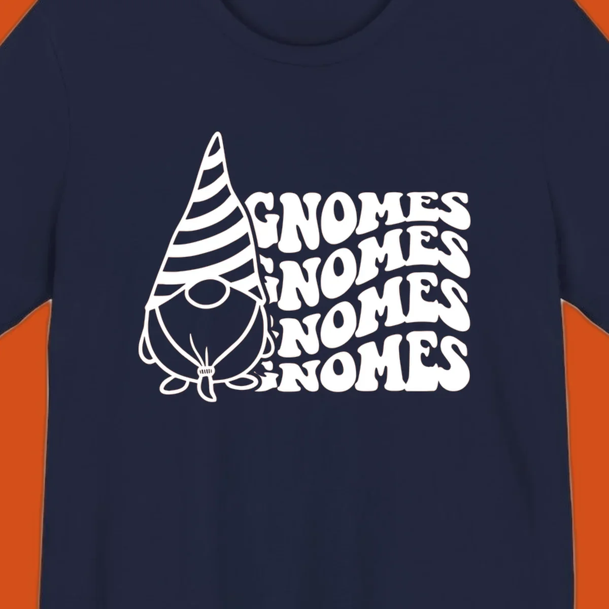 Gnome illustration with repeating wavy text that says GNOMES. Retro style graphic tee.