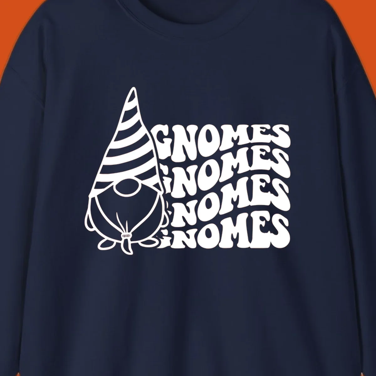 Gnome illustration with repeating wavy text that says GNOMES. Retro style graphic tee.