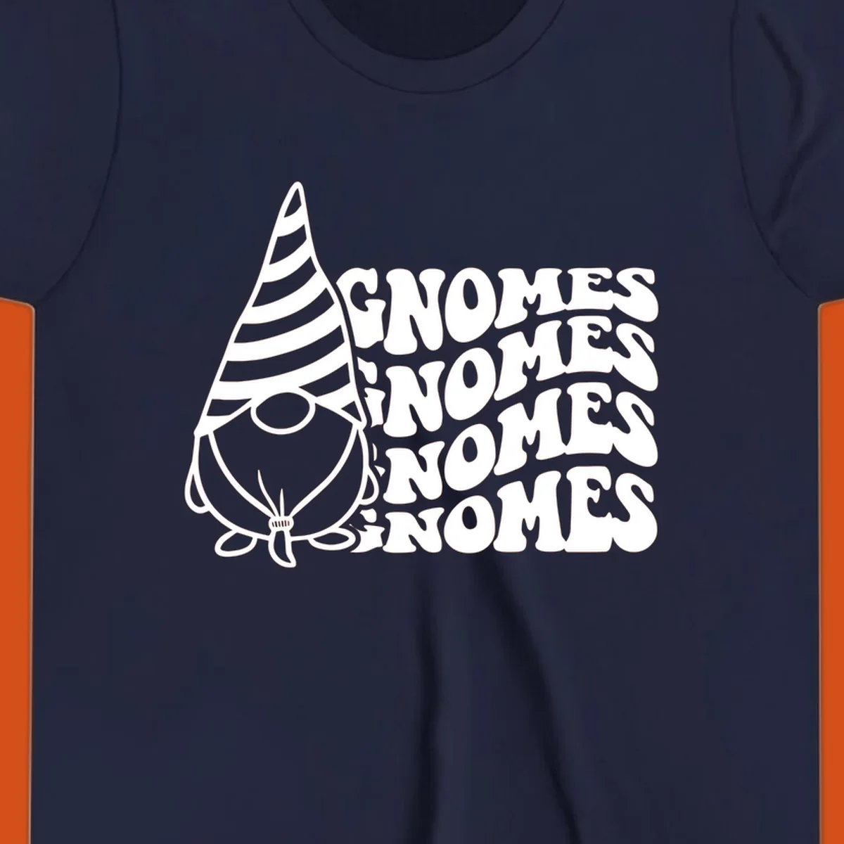 Gnome illustration with repeating wavy text that says GNOMES. Retro style graphic tee.
