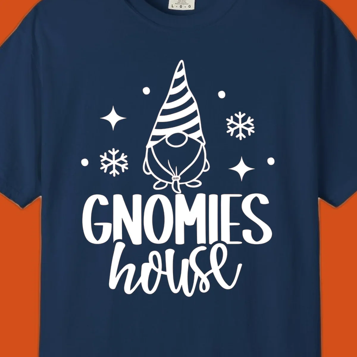 Illustration of a gnome with text 'GNOMIES house', surrounded by winter elements.