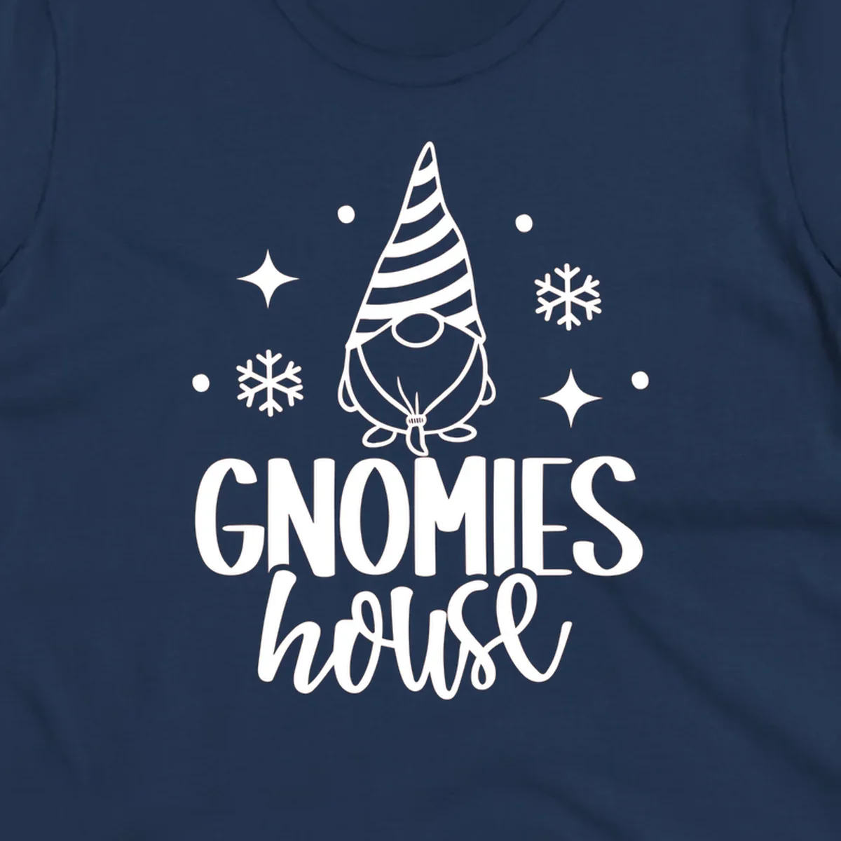 Illustration of a gnome with text 'GNOMIES house', surrounded by winter elements.