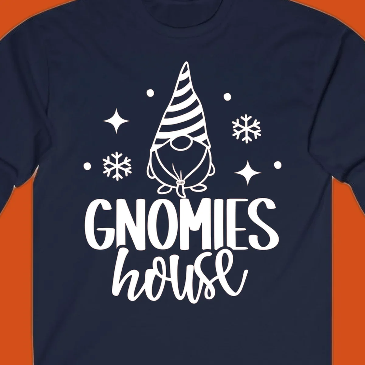 Illustration of a gnome with text 'GNOMIES house', surrounded by winter elements.
