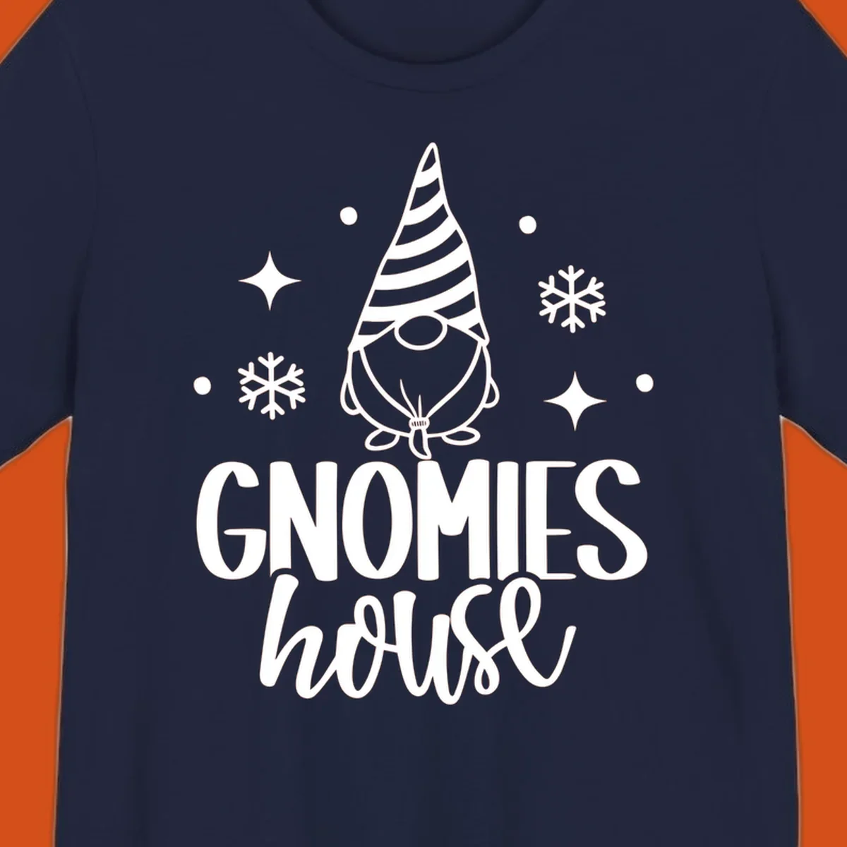 Illustration of a gnome with text 'GNOMIES house', surrounded by winter elements.